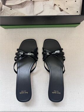 kate spade Black Patent Multi-Strap Slide Mules